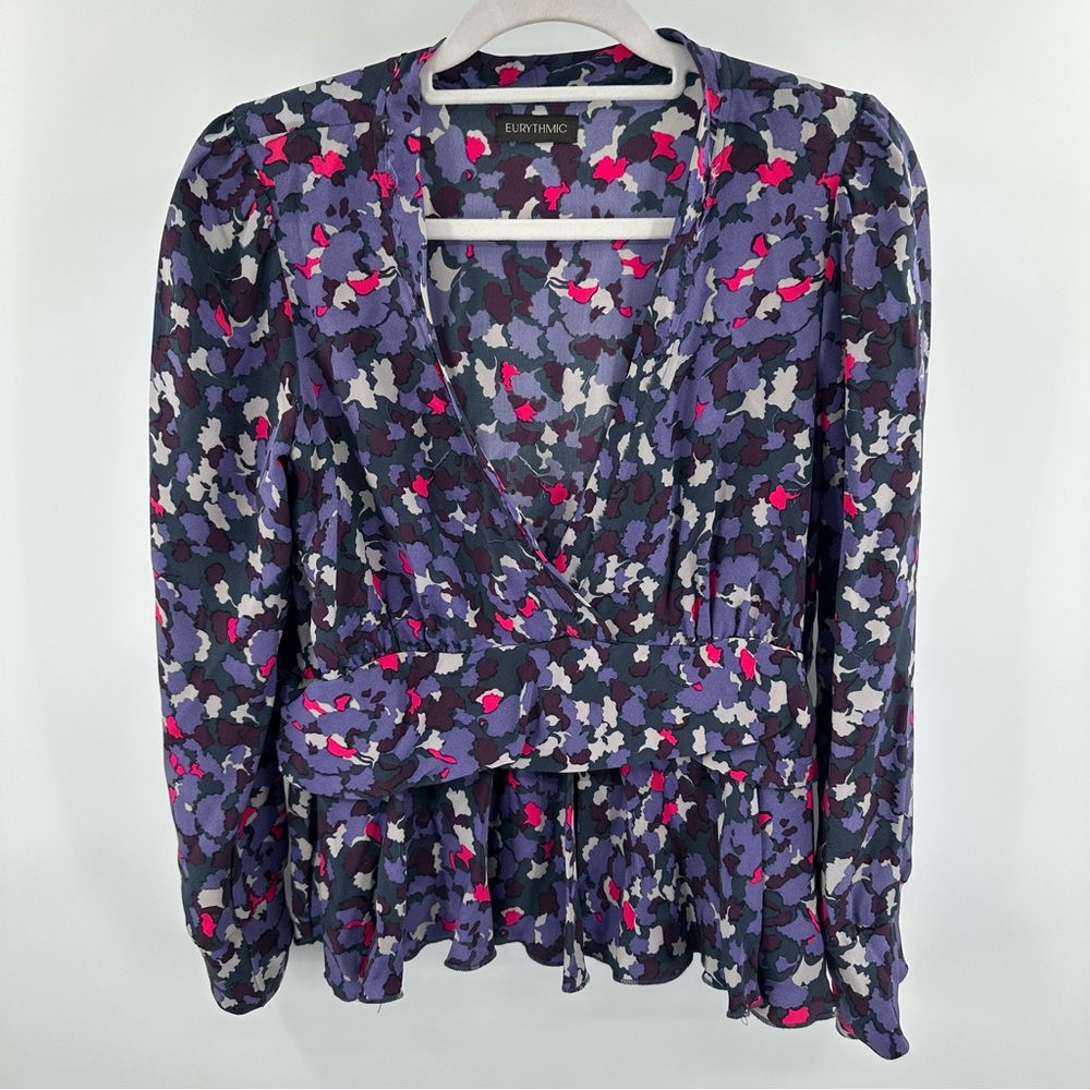 Eurythmic‎ 100% Silk Purple V Neck Longsleeve Blouse Size EU 40 US Medium